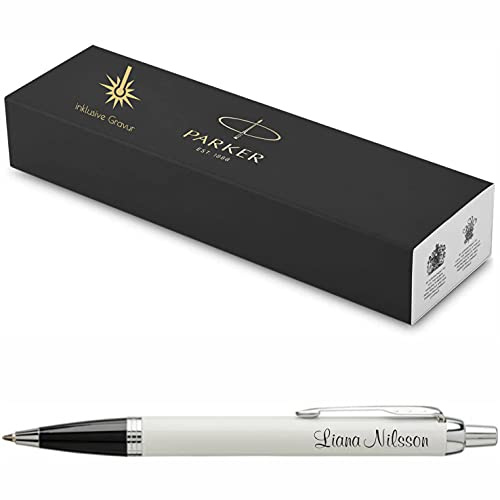 Exklusiver PARKER Kugelschreiber IM Core mit Gravur | Premium Stift | Geschenkbox | blaue Tinte | edel | personalisiertes Geschenk | Namen | graviert | Kulli | Geburtstag | Prüfung (White CC)