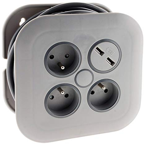 Zenitech - Enrollador doméstico 3 tomas 2P+T 16A + disyuntor + 2x USB - Gris - 7 metros