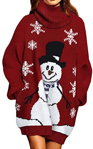 Viottiset Damen Lustig Weihnachtspullover mit Schneemann und Flocken Muster Oberteile Rot L