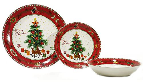 Servizio di Piatti tavola Rossa di Natale per 6 Persone 18pz Decorazioni casa Decoro Renna pacchi Regalo Albero Agrifoglio