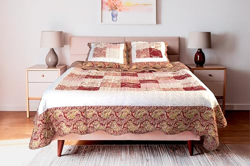 Autrefois Mimosa Red Boutis Patchwork 230 x 250 cm con 2 fundas de almohada de 65 x 65 cm, colcha acolchada para 2 personas, manta de flores