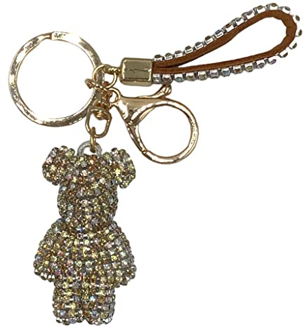 Steinfixx® Edler Glitzerbär Schlüsselanhänger mit Ring und Lederschlaufe | luxuriöses Geschenk | Cartoon | Strass (Gold)