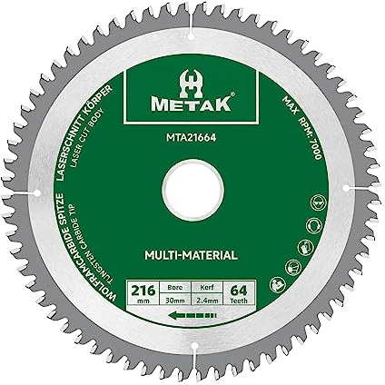 METAK - Lama per sega circolare da 216 x 30 mm, a 64 denti, in metallo duro, multimateriale, 216 x 30 mm, ideale per legno, laminato, MDF, plastica, alluminio e rame, compatibile