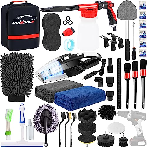 AUTODECO Kit Complet de Nettoyage de Voiture 40 pièces avec Pistolet à Mousse, Sac en Toile Noire, Gant de Lavage à Main Haute Performance, éponge, Serviettes, Brosse, grattoir à vitre, plumeau