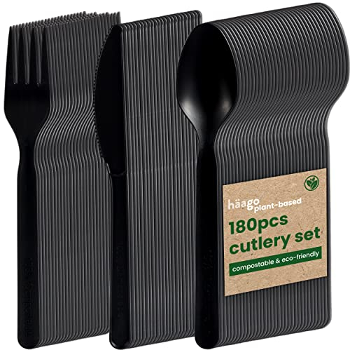 HAAGO 180-tlg. Besteckset Kompostierbar (60x Messer, 60x Gabeln, 60x Löffel, Schwarz) - Umweltfreundlich Ideal für Catering & Hochzeiten