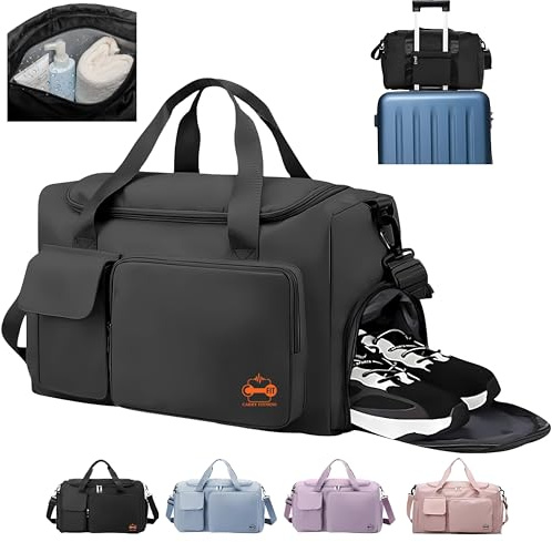 CarryFitness® Sports Gym Bag Duffle Bag with Shoes Compartment, Waterproof Weekend Bags for Women and Men, Hand Luggage Bag, Lightweight Holdall Hospital Overnight Bag - Black 37L