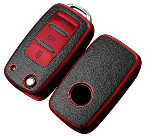 OATSBASF Autoschlüssel Hülle VW, VW Golf Schlüsselbox, Schlüsselhülle Cover für vw Polo Passat Skoda Seat 3-Tasten (PW-Rot)