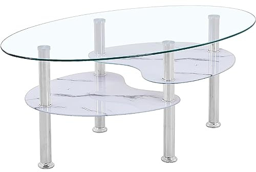 Euro Tische Couchtisch Glas mit 8mm Sicherheitsglas & Facettenschliff - Glastisch perfekt geeignet als Beistelltisch/Wohnzimmertisch (98x58x42 cm) (Klarglas mit Marmor weiß Ablage)