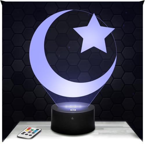 Lampephoto.fr - Lampe Sichelmond Eid Mubarak 3D Nachtlicht Islam, Koran | Made in France, Sockel wählbar, dimmbar, Batterie/USB, HD-Lasergravur, Geschenk für Muslime, Islam