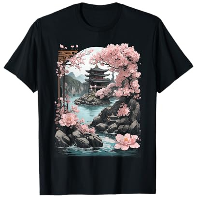 Temple Chinois Japonais Sakura Paysage de Fleurs de Cerisier T-Shirt