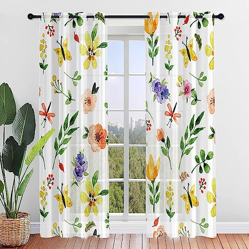 ENEN Vorhänge Wohnzimmer, 3D Frühling Gardinen mit Ösen Halbtransparent Gardinen Wohnzimmer, Schlaufenschal 2er Set für Kleine Fenster Küche Wohnzimmer Landhaus (140x244cm,F)