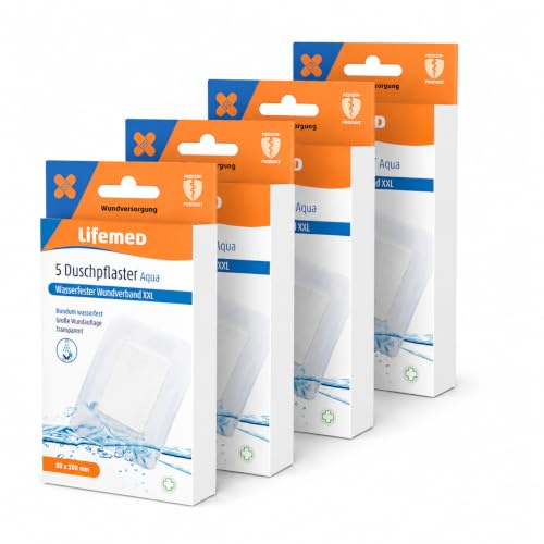 Lifemed Duschpflaster XXL 10 x 8 cm wasserfester Wundverband - 20 Pflaster | 4er Pack · Transparent · große Wundauflage · sicherer Halt bei Wasser · ideal zum Duschen, Waschen & Schwimmen · latexfrei