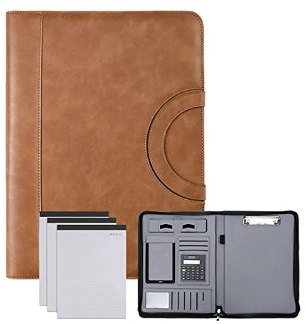 Mappe,Mappe Organisator, A4-Portfolio aus PU-Leder mit Reißverschluss for Männer und Frauen, Padfolio, Klemmbrett-Ordner mit Griff, personalisierter Portfolio-Organizer for Unternehmen(Brown,Note pad*