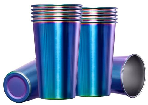 MEWAY Paquete de 12 vasos de pinta de acero inoxidable de 16 onzas, saludables, irrompibles y apilables, vasos de metal, vasos de cerveza (arcoíris)