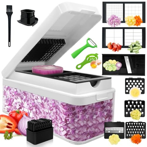 SUREWIN Onion Chopper, Mandoline Vegetable Slicer with Container, Potato Fries Cutter, Salad Chopper, Manual Food Dicer, Kitchen Tools & Gadgets-9 Interchangeable Blades (White)
