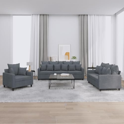 Willood 3-TLG. Sofagarnitur mit Kissen Dunkelgrau Samt,Sofa geeignet für Wohnzimmer, Sofa Set, mit Armlehnen und Kissen