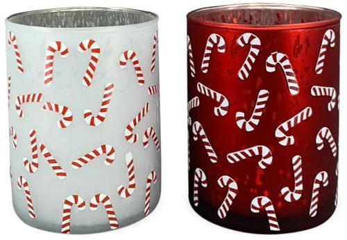 Festliche Teelichthalter im 2er Set moderne Teelichtgläser - Weihnachtliche Windlichter aus Glas in Rot und Weiß mit verspieltem Zuckerstangen-Dekor - Stimmungsvolle Tischdeko Weihnachten Ø 8 x 10 cm