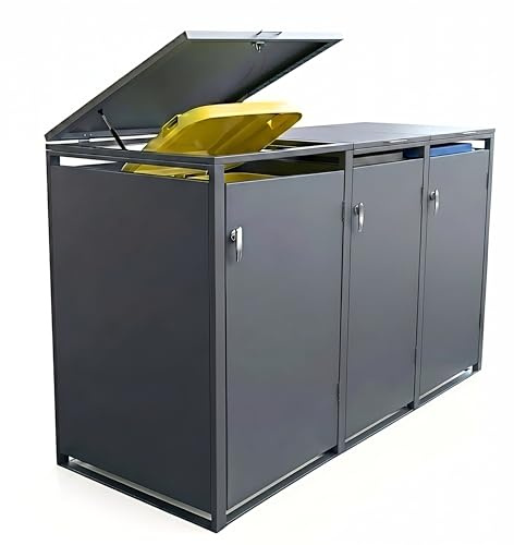 Graviers Mülltonnenbox 3er Set für 240L Tonnen | Anthrazit Stahlbox | Wetterfest, robust & abschließbar mit Automatikdeckel