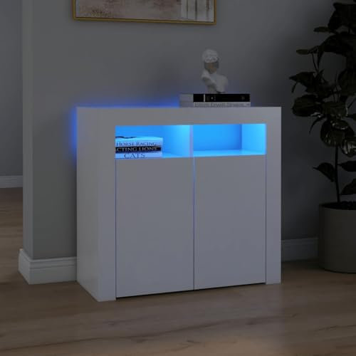 Moderner LED-beleuchteter Sideboard-Schrank mit 2 Türen und Regalen, RGB-Beleuchtung, mehrfarbig, 80 x 35 x 75 cm, Weiß