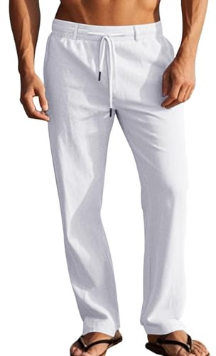 LAOARA Pantalon Homme Ete Coton Lin Pantalon Leger Yoga Été Grande Taille Elastique Pantalons de Sport Blanc M