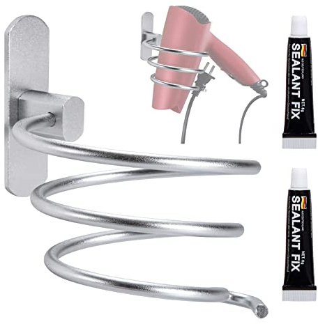 Jesustree Support Seche Cheveux Mural, 2 Pièces Porte Sèche Cheveux en Aluminium, sans Percage Titulaires de Sèche-Cheveux Autocollant pour Hôtel, Salle de Bain, Salon de Coiffure, Argent