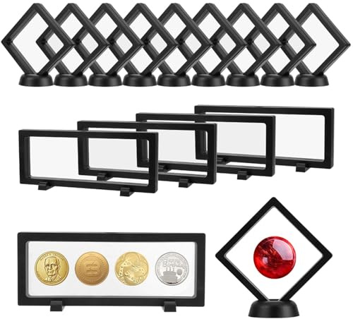 giteo bedding 15PCS 3D Floating Frame Display Case, Black Durable Challenge Coin Holder Stand, Multi-Functional Transparent PE Jewelry Storage Box for Medallions, Coins, Medals, Specimen