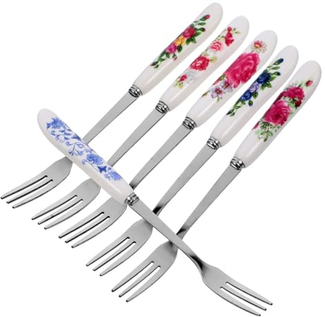 IMIKEYA Cake Forks Set of 6 Ceramic Handle Dessert Forks Stainless Steel Portable Multi-Function for Fruit Parties and Home Use