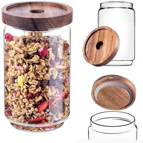 KADAX Vorratsglas 750ml mit Holzdeckel, Glasbehälter zur Aufbewahrung von Lebensmitteln, Vorratsgläser mit Deckel, Vorratsbehälter aus Glas, Vorratsdosen