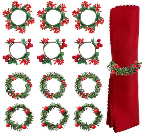 12 Pezzi Anelli di Tovagliolo di Natale Anelli Portatovaglioli a Bacca di Agrifoglio Fibbia per Tovaglioli Mini Ghirlanda di Candele per Natale Ringraziamento Capodanno Tavolo Decorazione