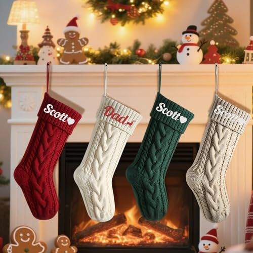 Großer Weihnachtsstrumpf mit personalisierten Namen, personalisierbar, groß, gestrickt, zum Aufhängen, Familien-Weihnachtsstrumpf für Bauernhaus, Kamin, Hängeornament (3 Stück)