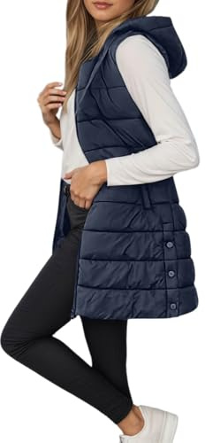 Fulidngzg Steppweste Damen Lang Ärmellose Weste mit Kapuze Steppmantel Warmer Wintermantel Reissverschluss Longweste mit Taschen Daunenweste Leichte Elegante Vest für Herbst und Winter, Marineblau M