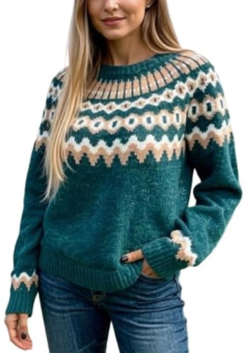 Norweger Pullover Damen Vintage Weihnachten Norwegerpulli Herbst Winter Rundhals Casual Kaschmir Pulli Elegant Strickpullover Warmer Wollpulli Winterpullover Jumpers Damenbekleidung 02-Türkis