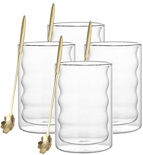 Yumzxin 4 Pack 400ml Double Wall Glass Coffee Mugs with Spoons - Borosilicate Heat Resistant Cups for Cappuccino, Latte, Tea & Ice Cream