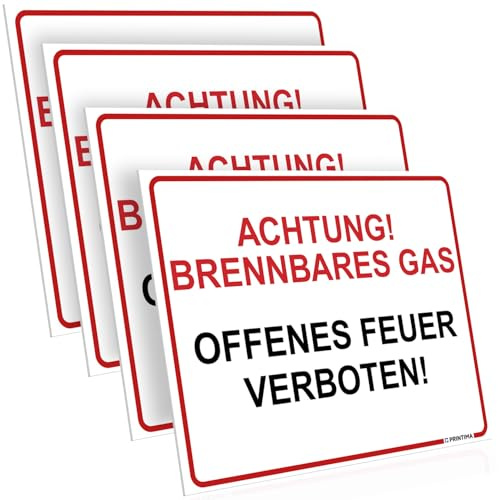 PRINTIMA 4x Schild 40x30 cm ACHTUNG! BRENNBARES GAS – OFFENES FEUER VERBOTEN! wetterfestes PVC Warnschild inkl. Befestigungsmaterial für explosionsgefährdete Bereiche innen außen