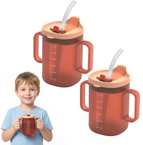 HSMHLYYB Schnabeltasse Senioren 300mL, 2 Stück Doppelgriff Trinkbecher mit Deckel und Strohhalm, Schnabelbecher für ältere Menschen, Schnabelbecher Senioren Mit Griff, Schnabeltasse Seniorens(Orange)