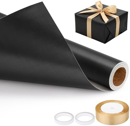 EUSOAR Geschenkpapier Schwarz - 1 Set Packpapier Rolle 43cm x 10m - Verpackungspapier mit 1 Schleifenband, 2 Rollen Doppelseitiges Klebeband - Mattes Gift Paper Wrapping Geschenk