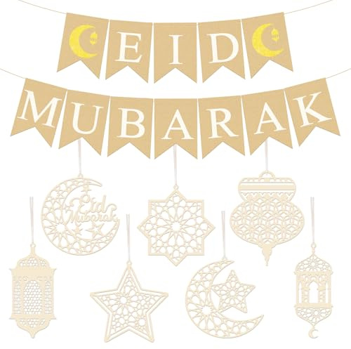 Ramadan Kareem Deko, Ramadan Eid Mubarak Banner Holz Anhänger Ornament mit laternen Mond Stern Burgform Eid-Anhänger Ramadan Dekoration für islamische Feiern, Restaurants und Gärten
