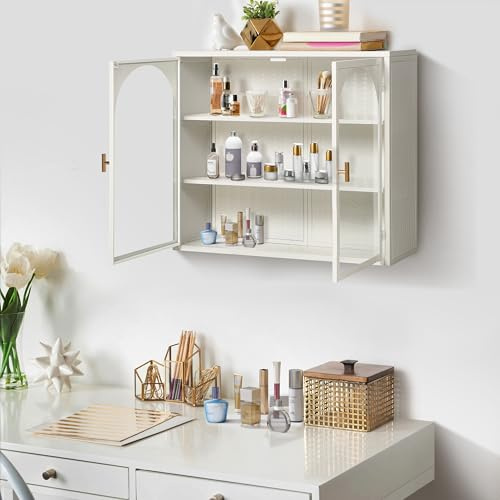 OONNEE Hängeschrank Weißmit 70cm mit Glastüren, Wandschrank aus Metall & Glas, 3 Ebenen Küchenhängeschrank & Bad-Hängeschrank mit Bogendesign, Vintage Vitrineschrank für Küche, Wohnzimmer, Badezimmer