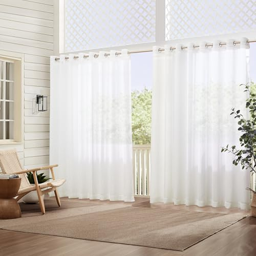 Elrene Home Fashions Carmen Sheer Extra-Wide Weatherproof Indoor/Outdoor Grommet Top Curtain Panel with Coordinating Tieback for Porch, Pergola, Patio, Deck, 114”W x 95”L, White