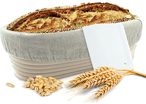 Cesta de Fermentación (Ovalada, Ø 35 cm) y Rascador de Masa - Estribos de Acero INOX - Banneton para Pan - Ratán Natural - Cuenco para Masas con Paño de Lino