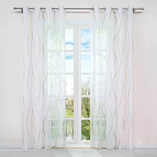 HongYa 1 Stück Voile Gardine Transparenter Vorhang mit Ösen Wellen Druck H/B 225/140 cm Bunt Sand