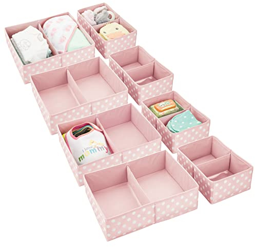 mDesign Fabric Drawer Organizer Bins, Kids/Baby Nursery Dresser, Closet, Shelf, Playroom Organization, Hold Clothes, Toys, Diapers, Bibs, Blankets, Set of 2, 4 Pack, Pink/White Polka Dot