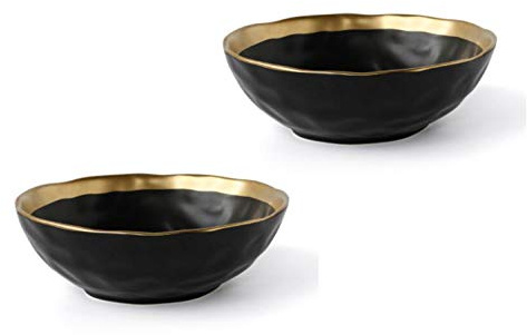 KKGUD Keramik-Müslischalen im Vintage-Stil für Suppe, Müsli, Reis, Salat, Nudeln, elegantes Design mit goldfarbenem Rand, Schwarz, 2 Stück (14 cm)