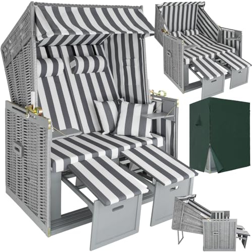 tectake® Corbeille de Plage Cabine de Plage Fauteuil Relax Chaise Longue de Plage 2 Places avec Pare Soleil, Repose Pied Housse de Protection, 2 Coussins Amenagement Balcon Terrasse Mer Plage Jardin