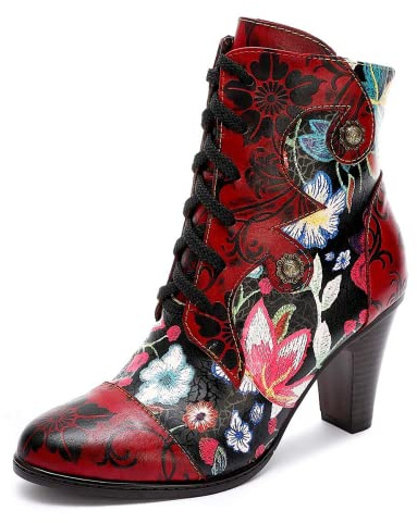 SOCOFY Womens Ankle Boots Leather High Heel Comfort Splicing Floral Pattern Lace Up Boots Leather Winter Fur Lined Boots Outdoor Anti-Slip Side Zipper Walking Boots for Wedding Party Dress, Red, 6 UK