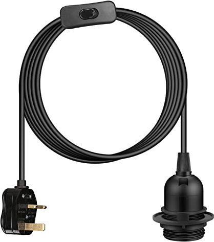 Teynewer Ceiling Pendant Light Fitting, E27 Screw Lamp Holder with Switch Suspended & Lock Ring for Shade, 2 Core Extension Cable UK Plug Pendant Light Fitting Kit (2m, Black)