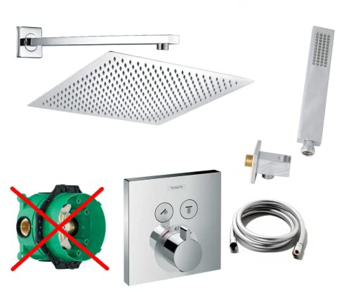 vanvilla Duschsystem Unterputz mit Duscharmatur Hansgrohe poliert HG02-XLob | Duscharmatur von Hansgrohe Shower Select Thermostat Armatur und vanvilla Regendusche Duschkopf eckig, Dusch-SET poliert