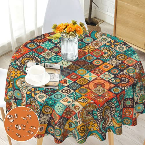 Tischdecke Rund 150 cm Wetterfest Abwaschbar - Polyester Boho Marokkanische Muster - Outdoor Tischdecke für Garten Küche Esszimmer Balkon - für 4-6 Personen - Wasserdicht & Langanhaltend