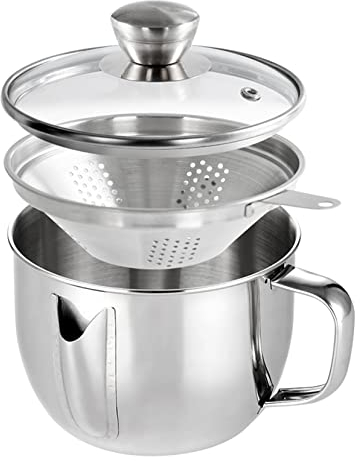 ESNY Fat Separator 1000ml Gravy Strainer 304 Stainless Steel Gravy Boat Soup Grease Oil Separator for Healthy Cooking - Reduce Fat Intake - Come With Glass Lids and Oil S Silver-1L
