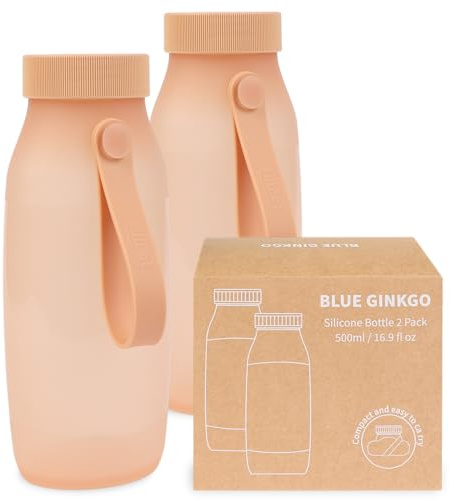 BLUE GINKGO Zusammenklappbare Wasserflaschen [2er-Set] – Leichte, faltbare Silikonflaschen für Reisen, Wandern und Camping (500ml, Hergestellt in Korea, Pfirsich)